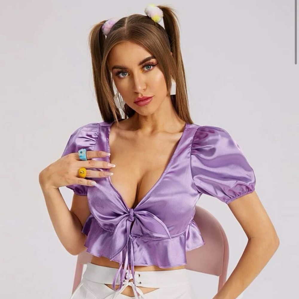 SHEIN Purple Front Tie Puff Sleeve Top